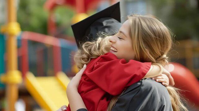 Smiling child in a red graduation gown and cap hugs a happy woman in a black robe, celebrating a joyful kindergarten graduation day outdoors.