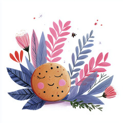 Cute smiling cookie surrounded by colorful flowers and leaves  