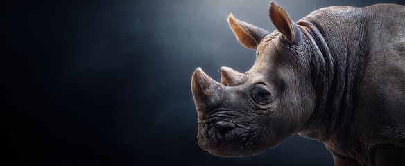 The majestic rhinoceros captured in a striking profile against a dark backdrop.