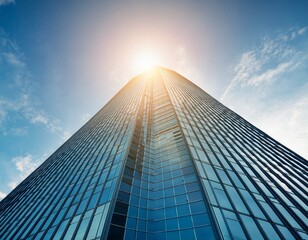 a low angle view of a modern glass skyscraper with a bright sun shining through the windows