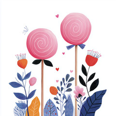Colorful lollipops surrounded by flowers and leaves in floral design  