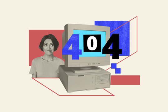 Sketch template design photo collage of vintage monitor computer technology young lady confused digital cyberspace software server writing
