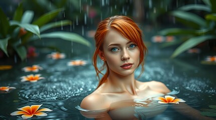 Woman with red hair bathing in pond with tropical flowers in rainforest	