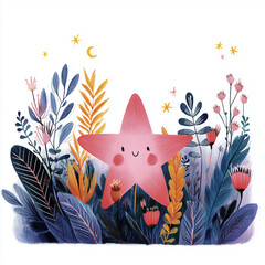 Cute pink starfish surrounded by colorful plants and flowers  