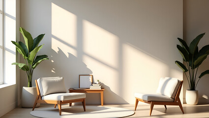 Modern Minimalist Living Room with Neutral Beige Tones, Clean Lines, and Scandinavian-Inspired Interior Design