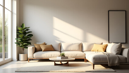 Modern Minimalist Living Room with Neutral Beige Tones, Clean Lines, and Scandinavian-Inspired Interior Design