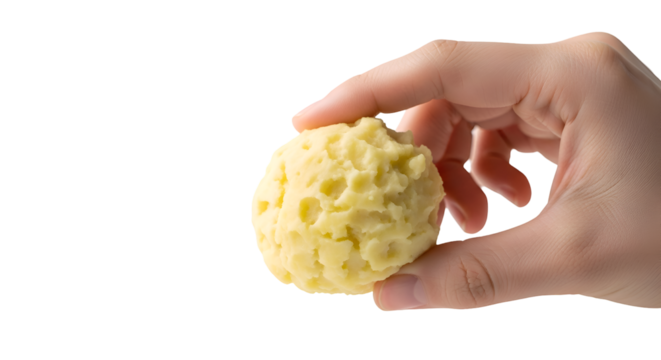 Hand holds a Scoop of Mashed Potatoes on black background in studio shot - Powered by Adobe