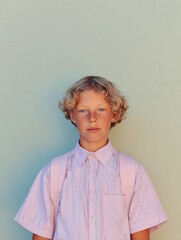 Blonde schoolchild with pink backpack standing against pastel wall – back to school concept