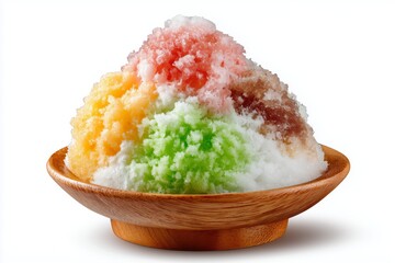 Savor the delightful experience of Japanese kakigori shaved ice dessert featuring vibrant colors and flavors garnished in a wooden bowl against a clean white background
