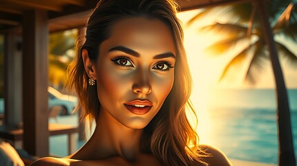 Portrait of young woman with tropical beach in background at sunset. Summer vacation concept	