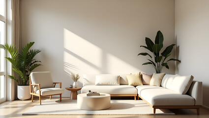 Modern Minimalist Living Room with Neutral Beige Tones, Clean Lines, and Scandinavian-Inspired Interior Design