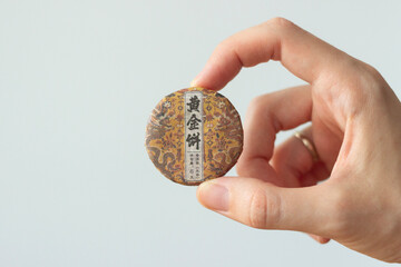 hand holding a traditional compressed chinese tea brick isolated on white