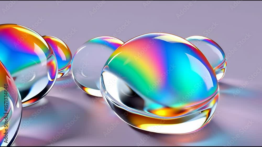 Poster colorful droplets reflecting light in an artistic display of shapes and hues on a smooth surface