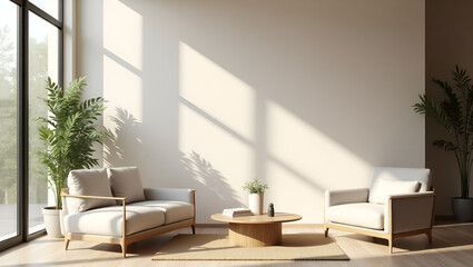 Modern Minimalist Living Room with Neutral Beige Tones, Clean Lines, and Scandinavian-Inspired Interior Design