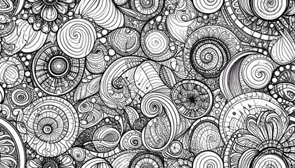 Intricate black and white design with swirling patterns, flowers, and decorative elements.