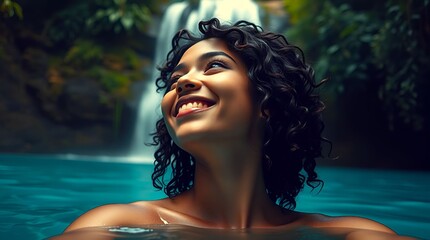 Young happy ethnic woman swimming in tropical jungle with waterfall	
