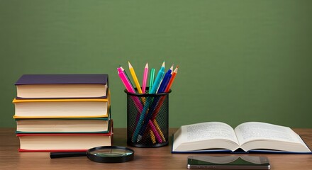 Libros escolares sobre escritorio, concepto de educaci&oacute;n.