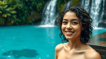 Young woman smiling in tropical jungle with waterfall