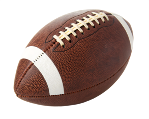 Brown American football with white stripes and laces on a black background isolated on a transparent background