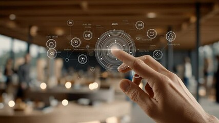 Hand interacting with a futuristic digital interface displaying holographic elements in a modern workspace, showcasing advanced technology and innovation in a collaborative environment - Powered by Adobe