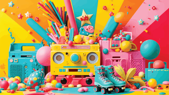 Retro boombox roller skates and candy colorful