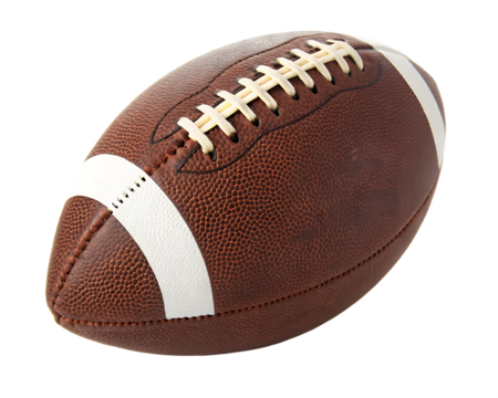 Brown American football with white stripes and laces on a black background isolated on a transparent background