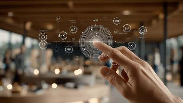 Hand interacting with a futuristic digital interface displaying holographic elements in a modern workspace, showcasing advanced technology and innovation in a collaborative environment - Powered by Adobe