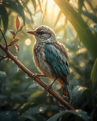 Teal-Blue Bird Perched on Branch in Sunlit Forest.