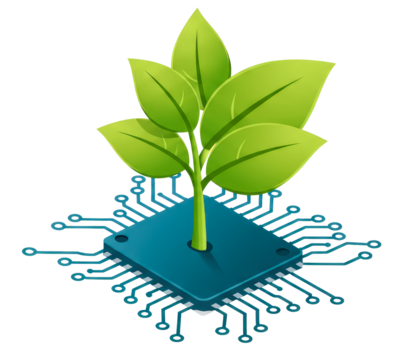 Green plant growing from computer microchip