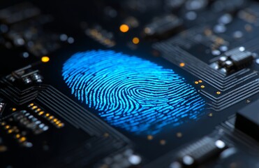 A digital blue glowing fingerprint on a black circuit board background.