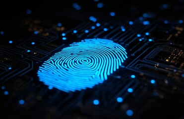 A digital blue glowing fingerprint on a black circuit board background, 