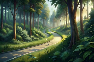 Serene winding road through a lush green forest with sunlight filtering through the trees