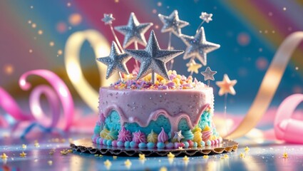 Colorful Mini Cakes with Star Decorations on Festive Background – Vibrant Celebration Dessert Display for Parties and Special Occasions