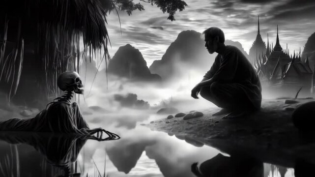 Contemplation of Mortality by Still Water - A serene yet haunting black and white video depicts a man meditating beside a skeletal figure by a tranquil body of water, with a temple complex in the