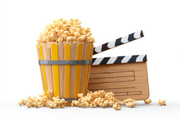 A wooden bucket of popcorn on the left side, and a movie clapperboard the yellow color of caramel corn.