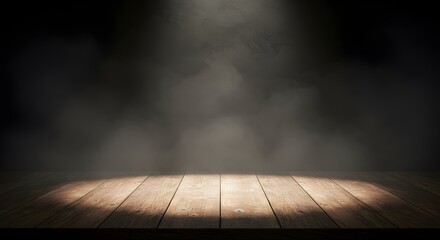 mesa de madera vacía con humo flotante sobre fondo oscuro