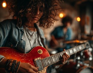 Obraz premium Close-up of a young woman playing a red electric guitar, in the club.
