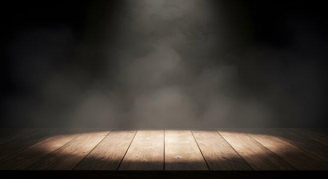 mesa de madera vac&iacute;a con humo flotante sobre fondo oscuro