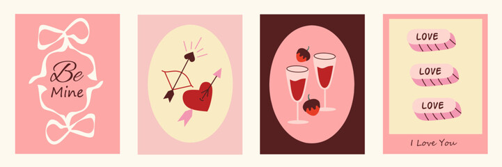 Set of Valentine's Day poster, greeting card, cover, label, sale promotion templates, pattern background with ribbon, wine, frame, alcohol vector elements illustration in modern trendy geometric style