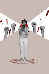 Vertical zine trendy photo collage of happy girl activist scream loudspeaker hands support strength...
