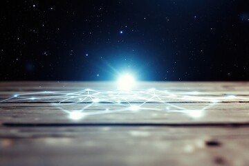 A glowing bright light over a wooden surface with connected glowing nodes and a starry night sky in the background.