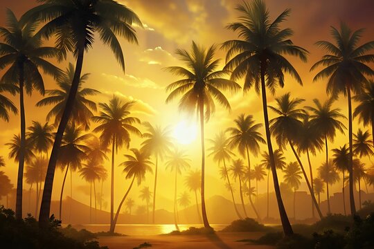 Serene tropical paradise with silhouetted palm trees lining a tranquil beach at golden hour sunset with hazy mountains in the background