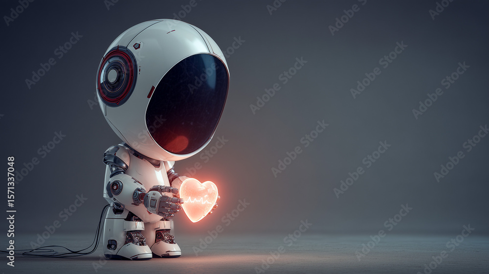 Aufkleber a charming white robot gently holds a glowing heart with a pulse line, symbolizing artificial intell