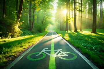 Sunlight streams through lush green forest trees onto a paved path with a prominent bicycle symbol and painted lane markings