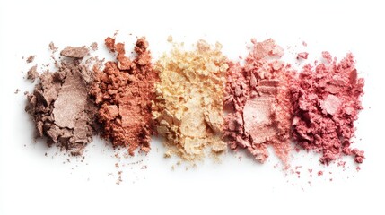 Powder makeup swatches on white background top view.