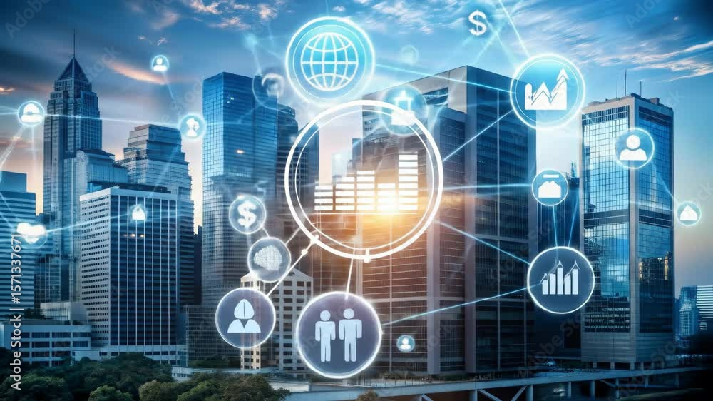 Poster global network and fintech in smart city - futuristic cityscape with digital network overlay showing