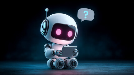 A cute white robot with glowing pink eyes holds a tablet, with a question mark thought bubble, symbolizing artificial intelligence learning, interactive technology, educational support, and intelligen
