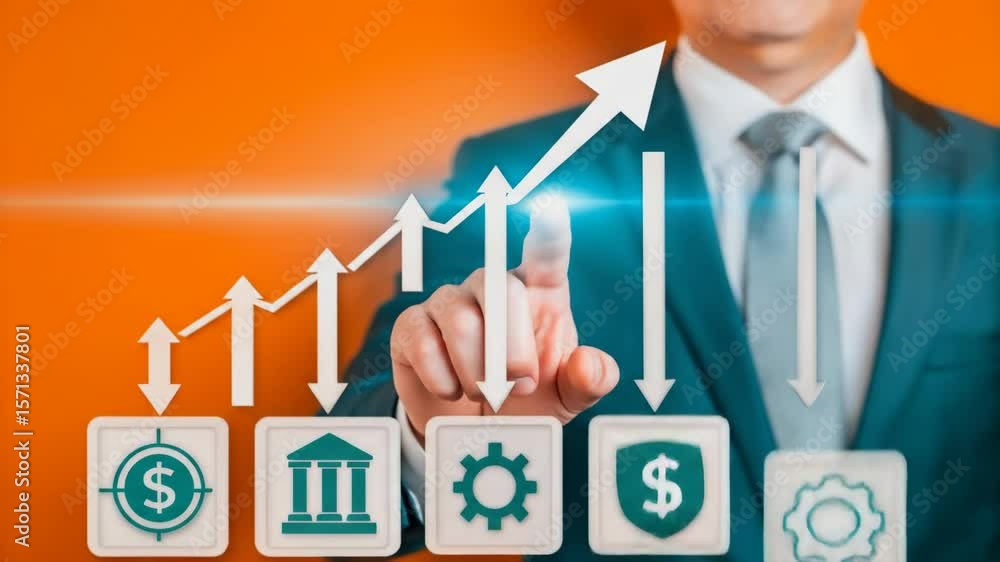 Poster businessman interacting with financial growth chart and icons - a businessman in a teal suit interac