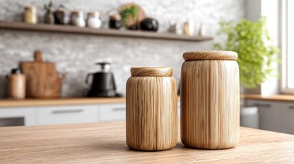 Wooden jars with a bamboo texture for tea or coffee on a table in a modern kitchen.