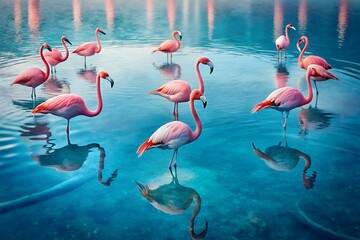 A flock of elegant pink flamingos gracefully wading in shallow clear turquoise water with their reflections shimmering below